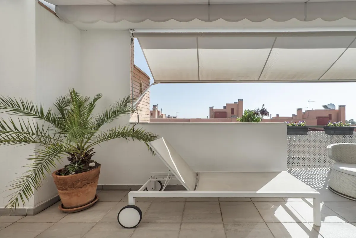 Store banne déployé au-dessus d'une terrasse blanche avec chaise longue et palmier en pot, lambrequin à festons au premier plan